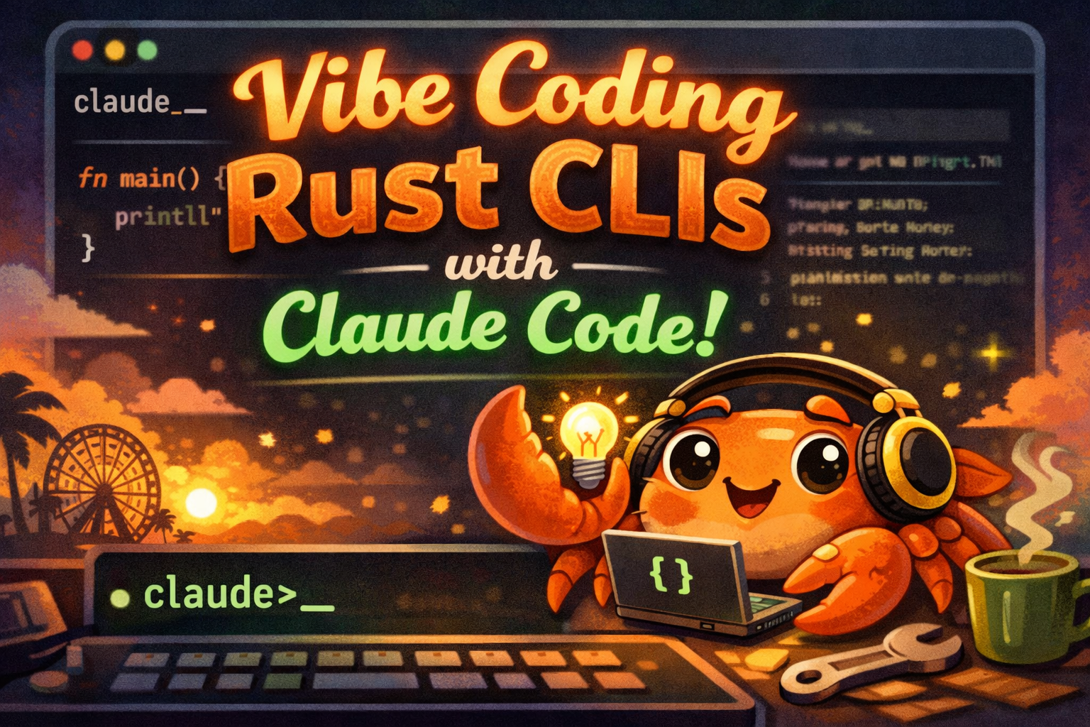 Illustration of a cheerful cartoon crab wearing headphones and typing on a laptop with curly-brace symbols, holding a glowing lightbulb. Behind the crab is a stylized terminal window and code, with the headline “Vibe Coding Rust CLIs with Claude Code!” in warm retro colors.