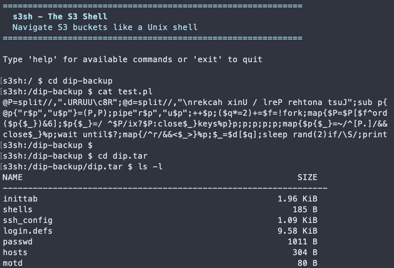 s3sh demo showing navigation into tar archives